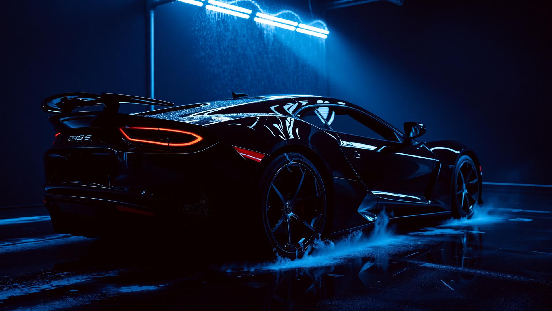 Luxury black sports car in premium detailing studio